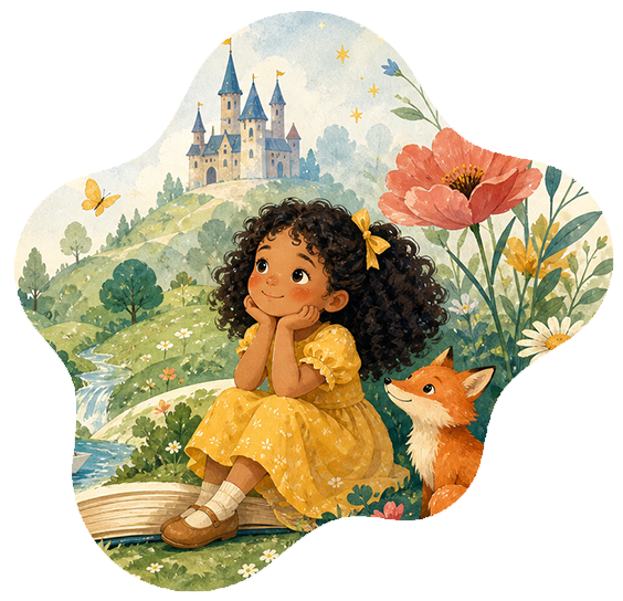 A child sitting on a stack of giant books, reading a story